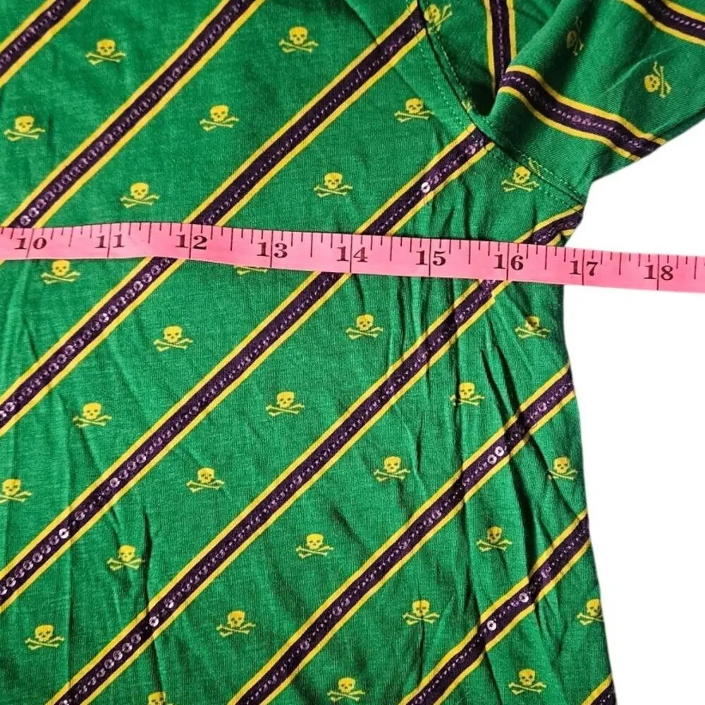 Ralph Lauren Girls Large 12-14 Green Sequin Stripe Skull Crossbones Shirt L/S